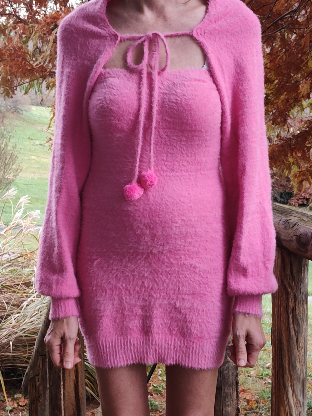 Cider Fuzzy Tube Mini Sweater Dress With Matching Tie Front Bolero